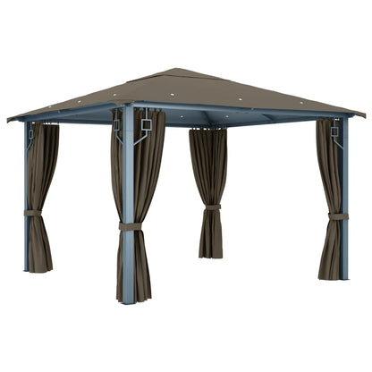 Prieel Met Gordijn En Led-Lichtslinger 3X3 M Aluminium 300 x 300 cm Taupe
