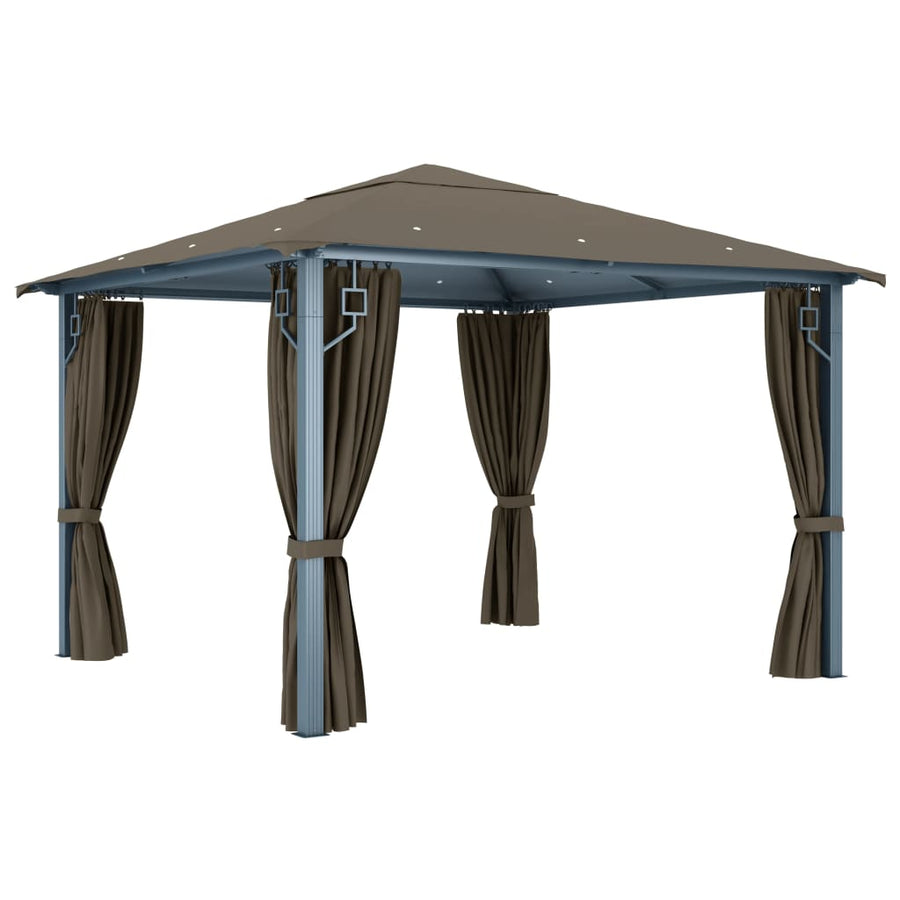 Prieel Met Gordijn En Led-Lichtslinger 3X3 M Aluminium 300 x 300 cm Taupe