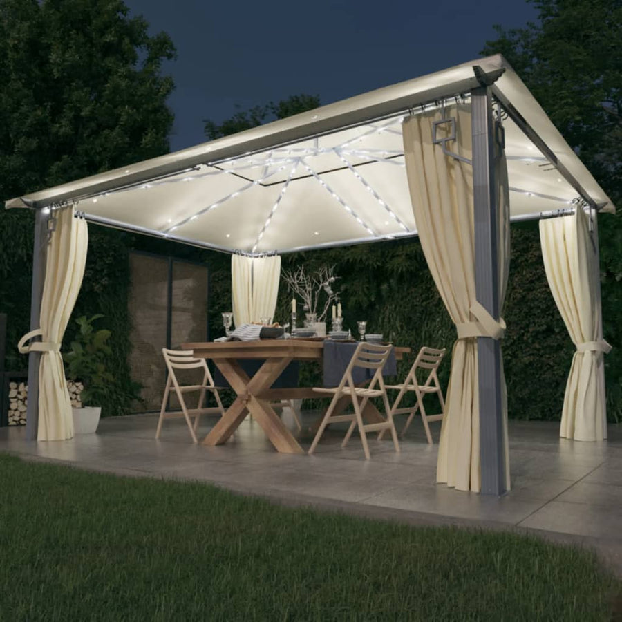Prieel Met Gordijn En Led-Lichtslinger 4X3 M Aluminium 400 x 300 cm Crème