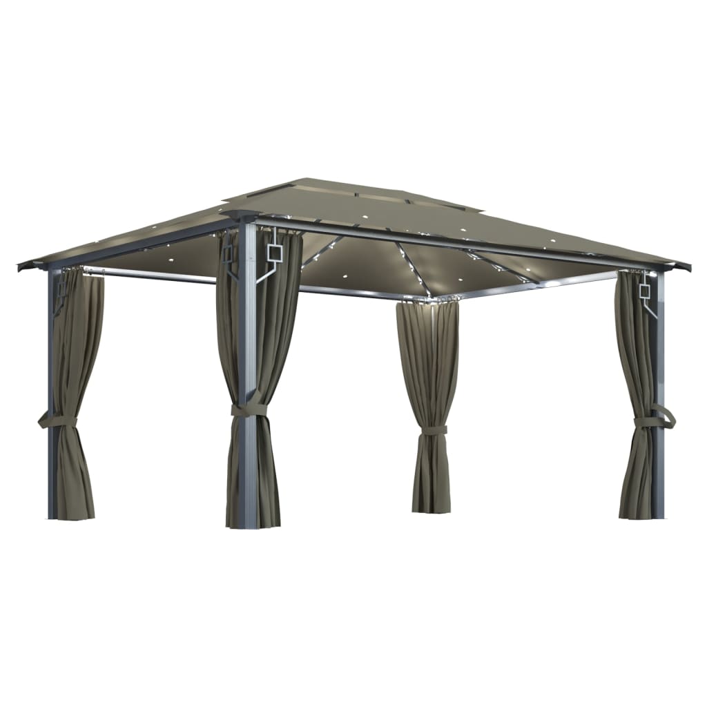 Prieel Met Gordijn En Led-Lichtslinger 4X3 M Aluminium 400 x 300 cm Taupe