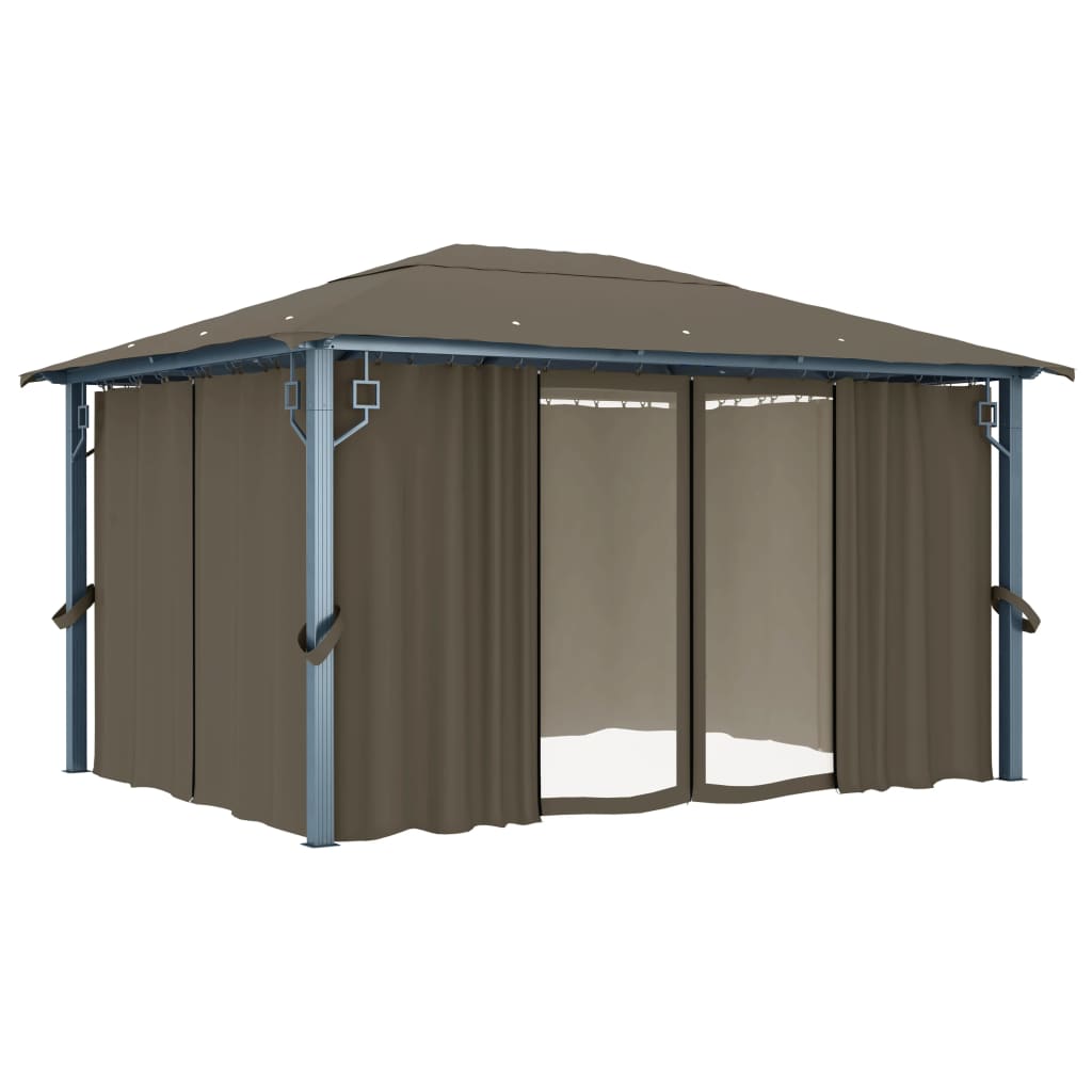 Prieel Met Gordijn En Led-Lichtslinger 4X3 M Aluminium 400 x 300 cm Taupe