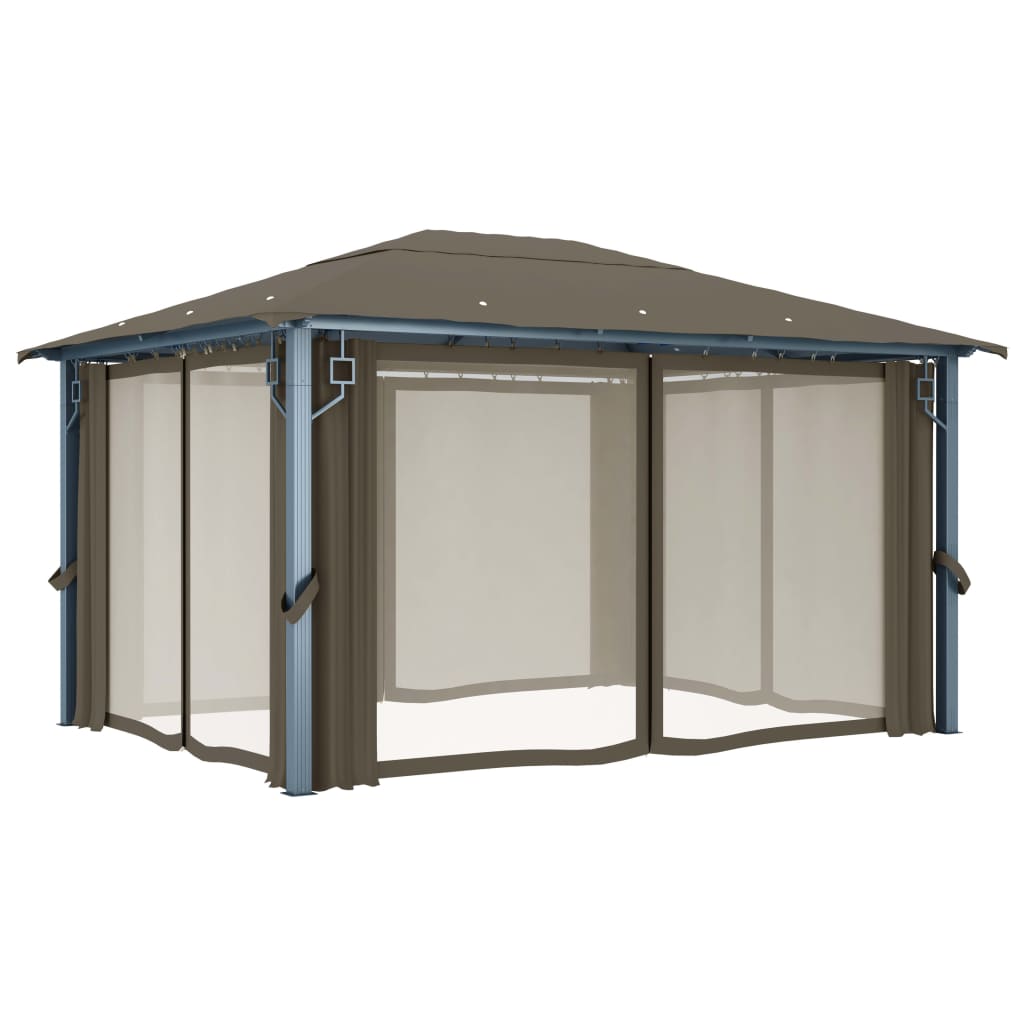 Prieel Met Gordijn En Led-Lichtslinger 4X3 M Aluminium 400 x 300 cm Taupe