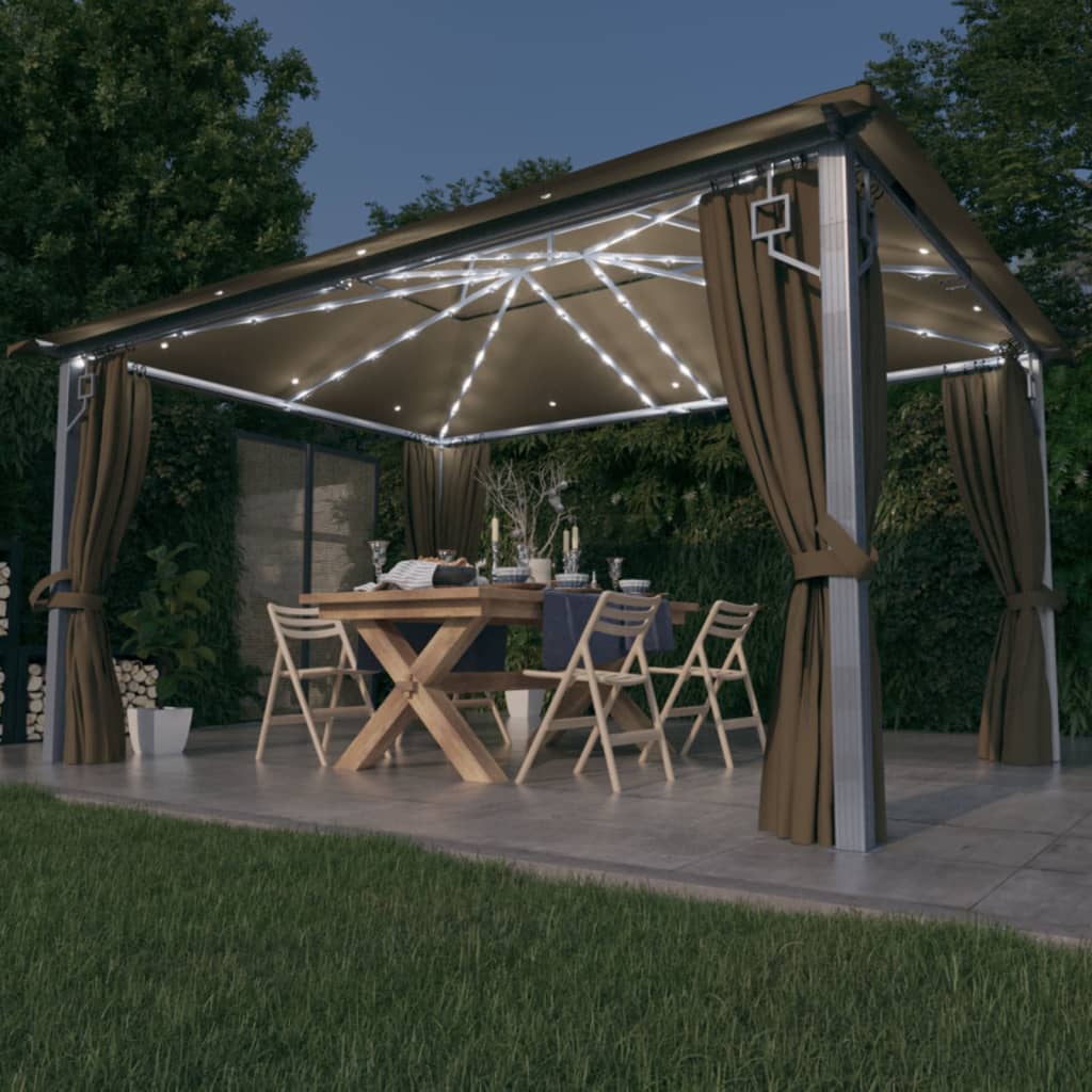 Prieel Met Gordijn En Led-Lichtslinger 4X3 M Aluminium 400 x 300 cm Taupe