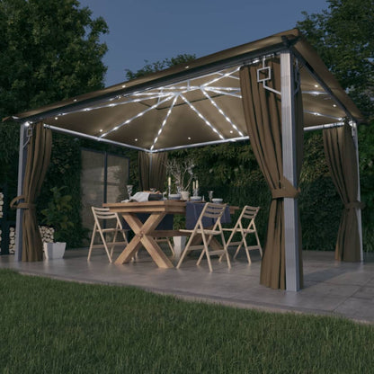 Prieel Met Gordijn En Led-Lichtslinger 4X3 M Aluminium 400 x 300 cm Taupe