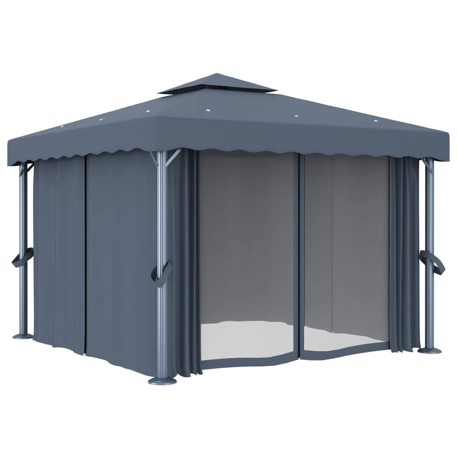 Prieel Met Gordijn En Led-Lichtslinger Kleurig 3 x 3 m Antraciet
