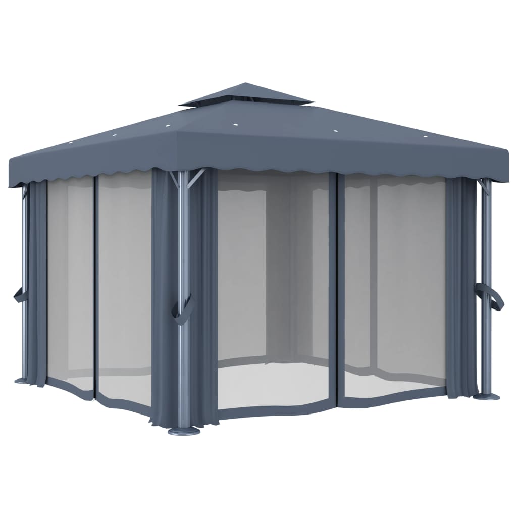 Prieel Met Gordijn En Led-Lichtslinger Kleurig 3 x 3 m Antraciet