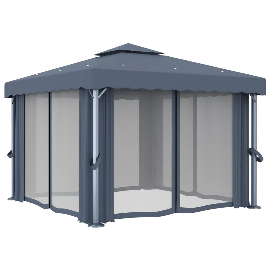 Prieel Met Gordijn En Led-Lichtslinger Kleurig 3 x 3 m Antraciet