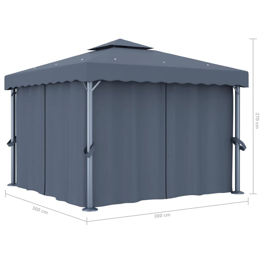 Prieel Met Gordijn En Led-Lichtslinger Kleurig 3 x 3 m Antraciet