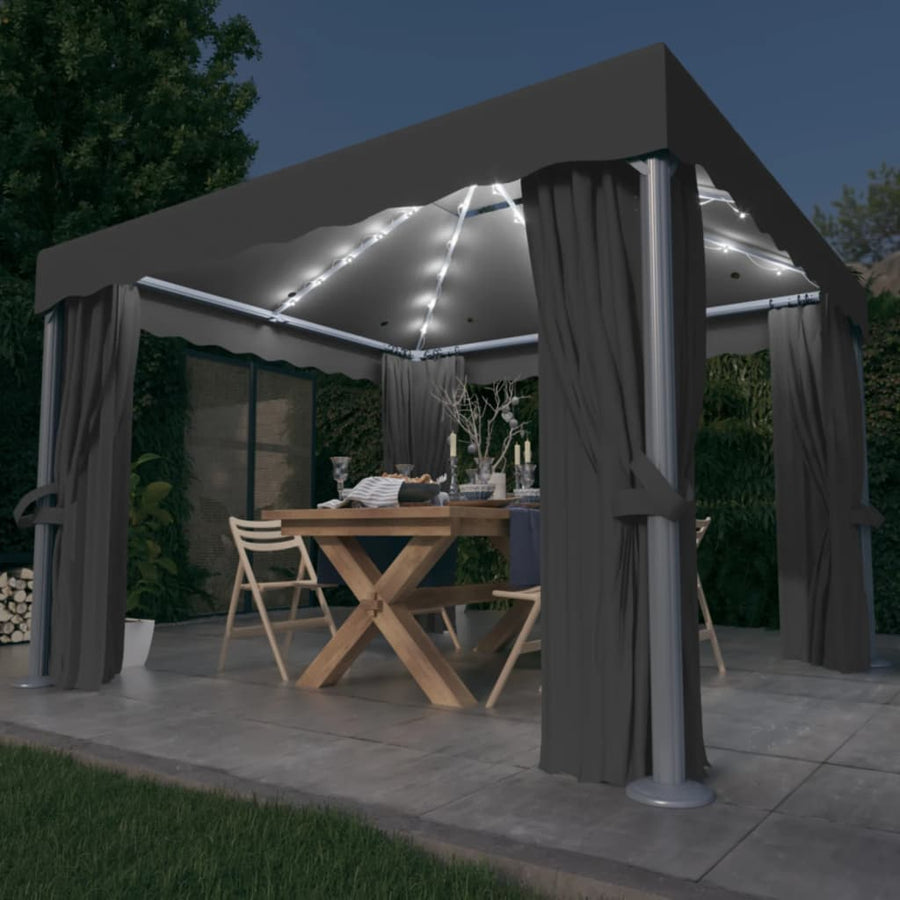 Prieel Met Gordijn En Led-Lichtslinger Kleurig 3 x 3 m Antraciet