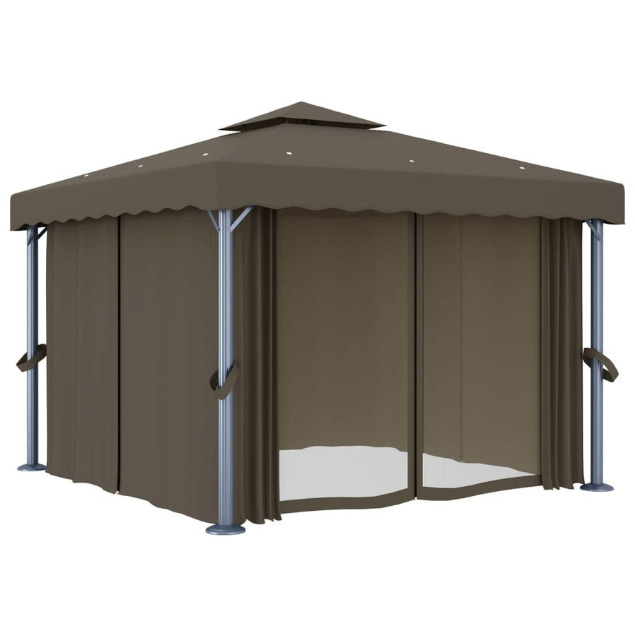 Prieel Met Gordijn En Led-Lichtslinger 3 x 3 m Taupe