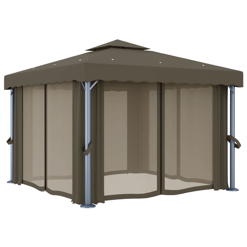 Prieel Met Gordijn En Led-Lichtslinger 3 x 3 m Taupe
