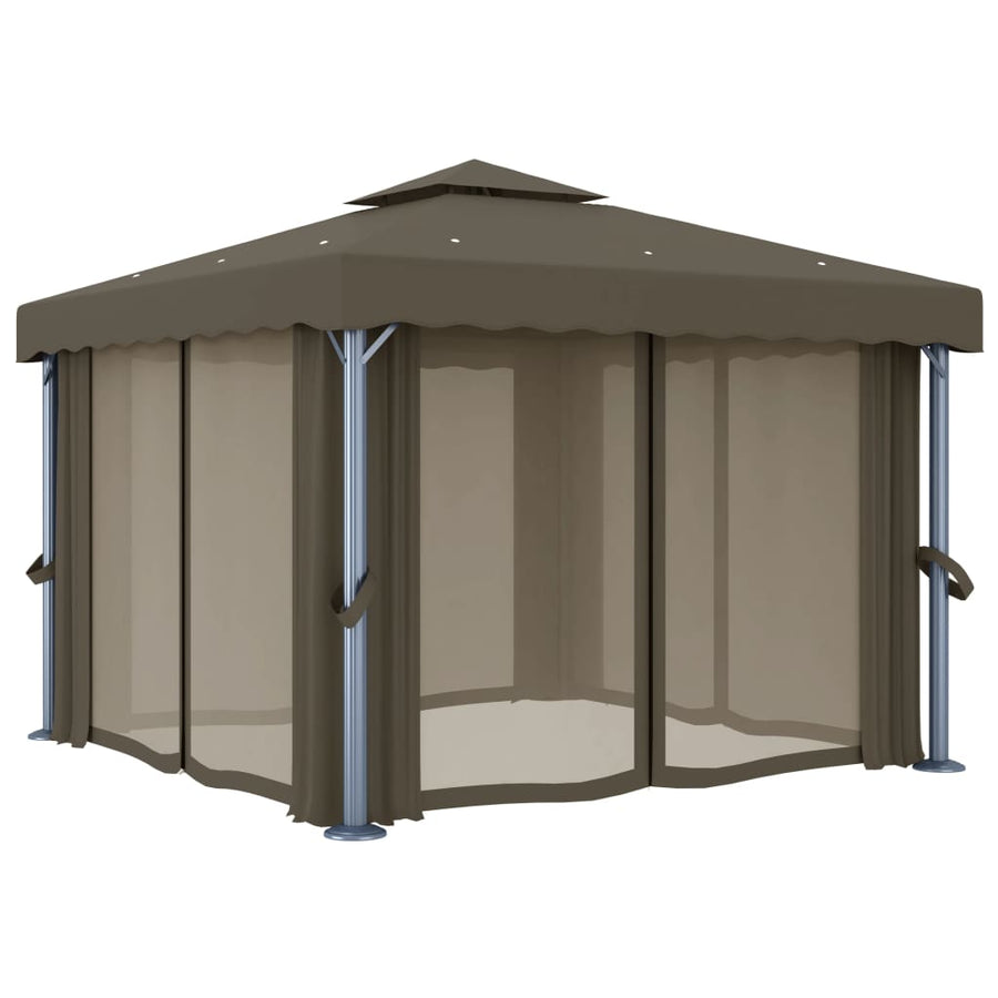 Prieel Met Gordijn En Led-Lichtslinger 3 x 3 m Taupe