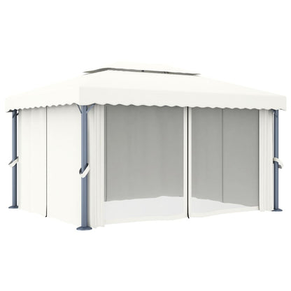 Prieel Met Gordijn En Led-Lichtslinger 4X3 M Wit 4 x 3 cm Crème