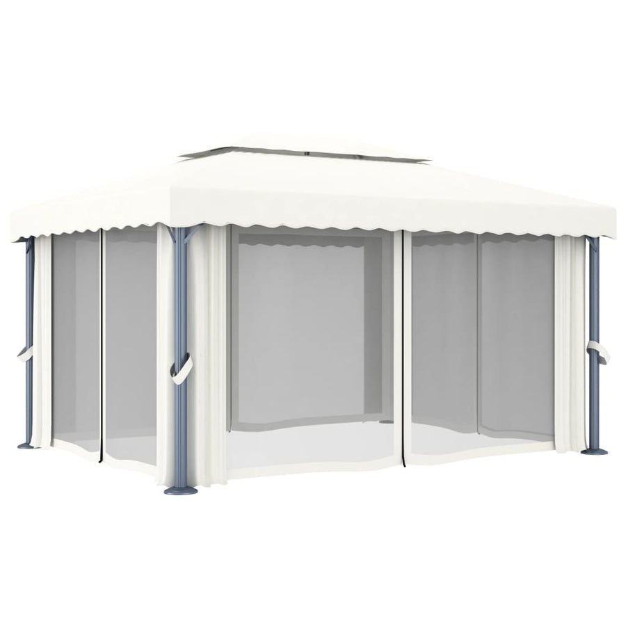 Prieel Met Gordijn En Led-Lichtslinger 4X3 M Wit 4 x 3 cm Crème