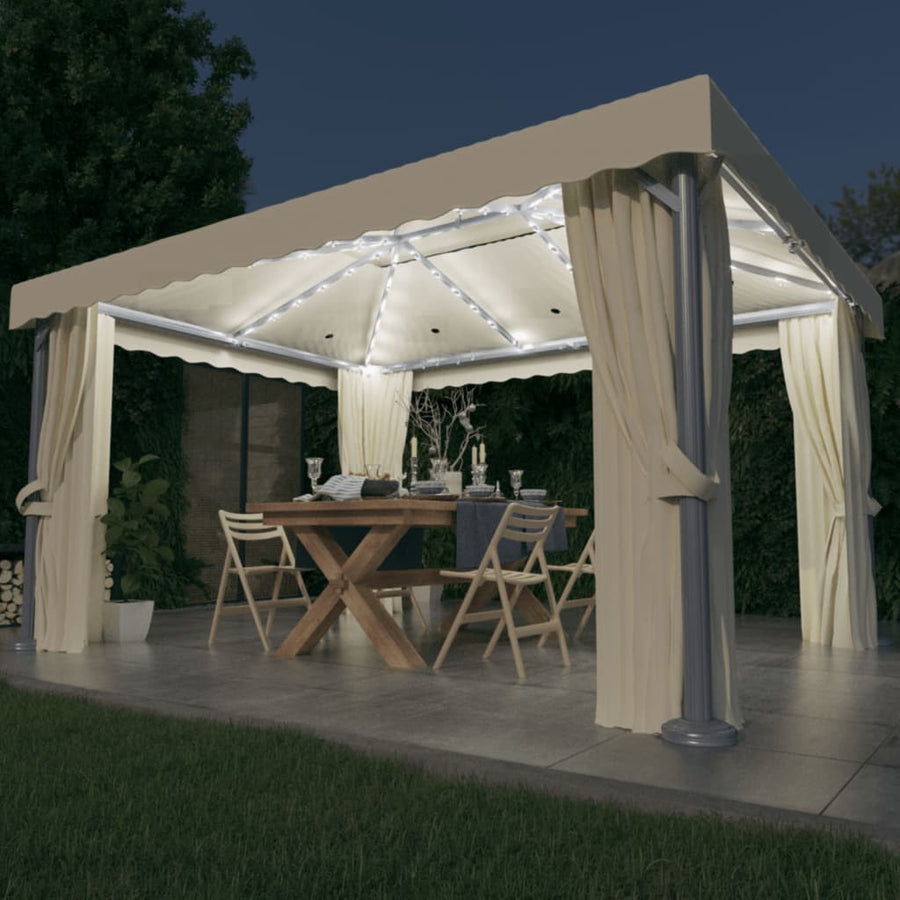 Prieel Met Gordijn En Led-Lichtslinger 4X3 M Wit 4 x 3 cm Crème