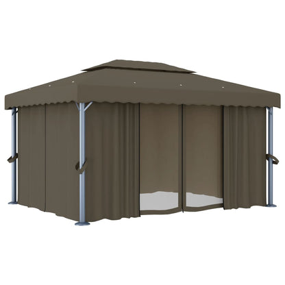 Prieel Met Gordijn En Led-Lichtslinger 4 x 3 m Taupe