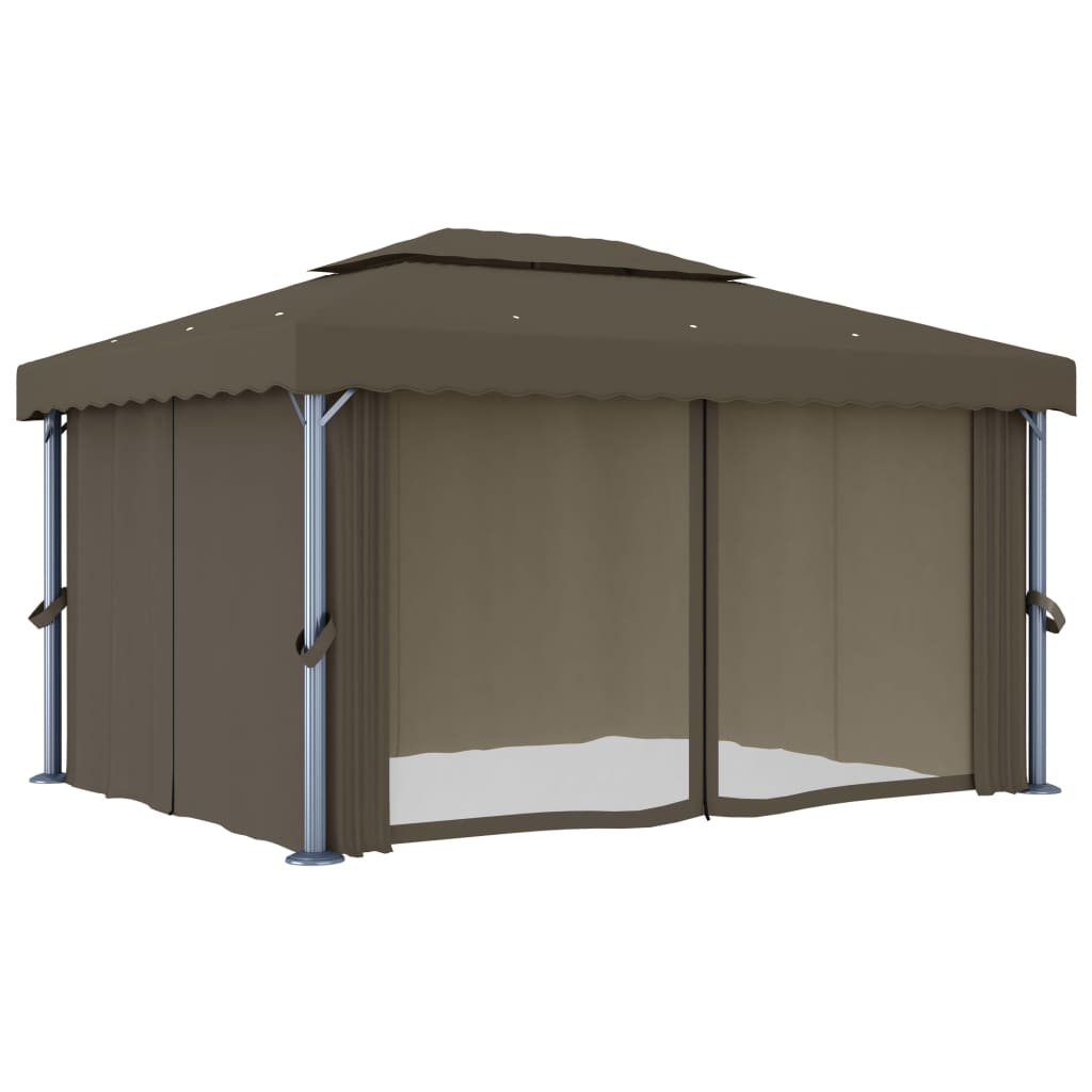 Prieel Met Gordijn En Led-Lichtslinger 4 x 3 m Taupe
