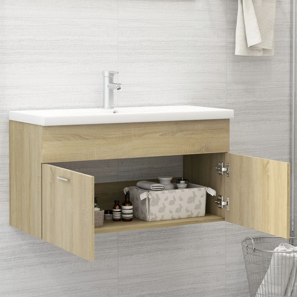 Wastafelkast Met Ingebouwde Wastafel Spaanplaat Sonoma Eiken 90 x 38.5 x 46 cm zonder kraan & afvoer