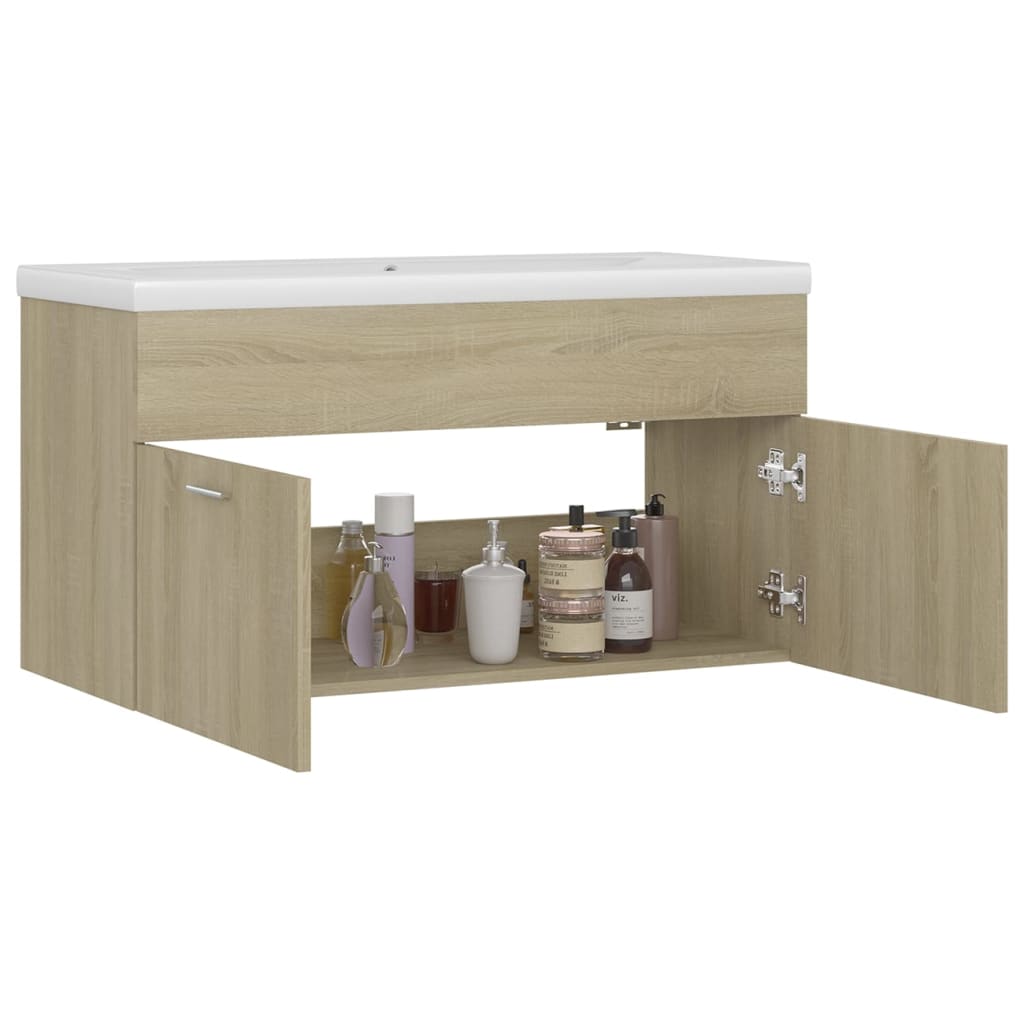 Wastafelkast Met Ingebouwde Wastafel Spaanplaat Sonoma Eiken 90 x 38.5 x 46 cm zonder kraan & afvoer
