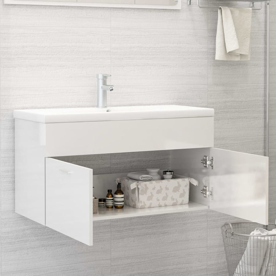 Wastafelkast Met Ingebouwde Wastafel Spaanplaat Hoogglans Wit 90 x 38.5 x 46 cm zonder kraan & afvoer