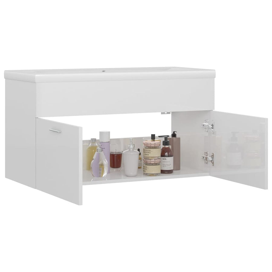 Wastafelkast Met Ingebouwde Wastafel Spaanplaat Hoogglans Wit 90 x 38.5 x 46 cm zonder kraan & afvoer