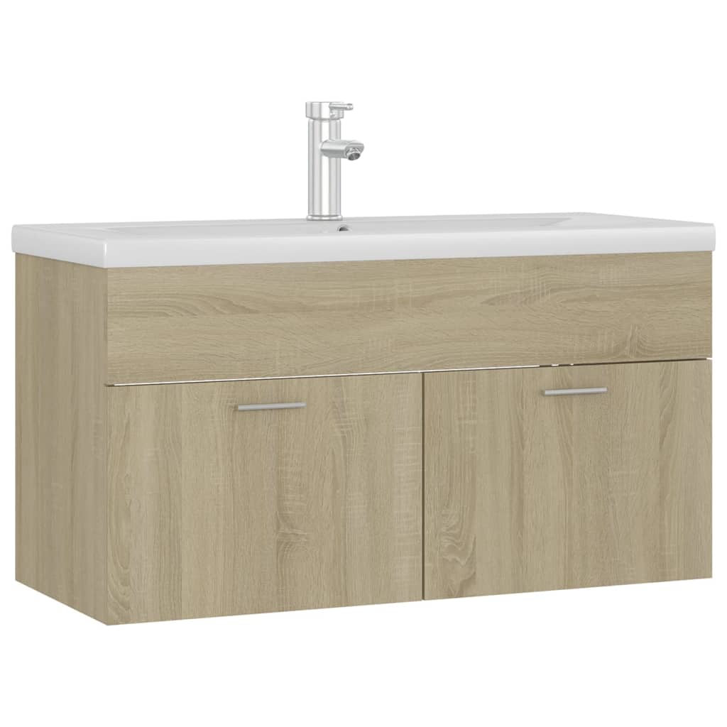 Wastafelkast met ingebouwde wastafel spaanplaat sonoma eiken 90 x 38.5 x 46 cm met kraan & afvoer