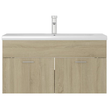 Wastafelkast met ingebouwde wastafel spaanplaat sonoma eiken 90 x 38.5 x 46 cm met kraan & afvoer