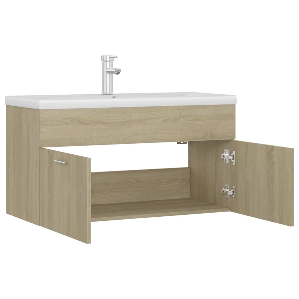 Wastafelkast met ingebouwde wastafel spaanplaat sonoma eiken 90 x 38.5 x 46 cm met kraan & afvoer