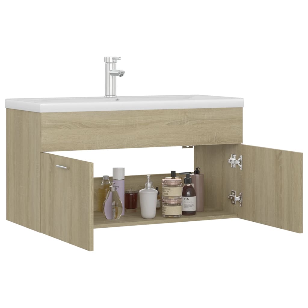 Wastafelkast met ingebouwde wastafel spaanplaat sonoma eiken 90 x 38.5 x 46 cm met kraan & afvoer