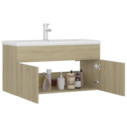 Wastafelkast met ingebouwde wastafel spaanplaat sonoma eiken 90 x 38.5 x 46 cm met kraan & afvoer