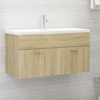 Wastafelkast met ingebouwde wastafel spaanplaat sonoma eiken 90 x 38.5 x 46 cm met kraan & afvoer