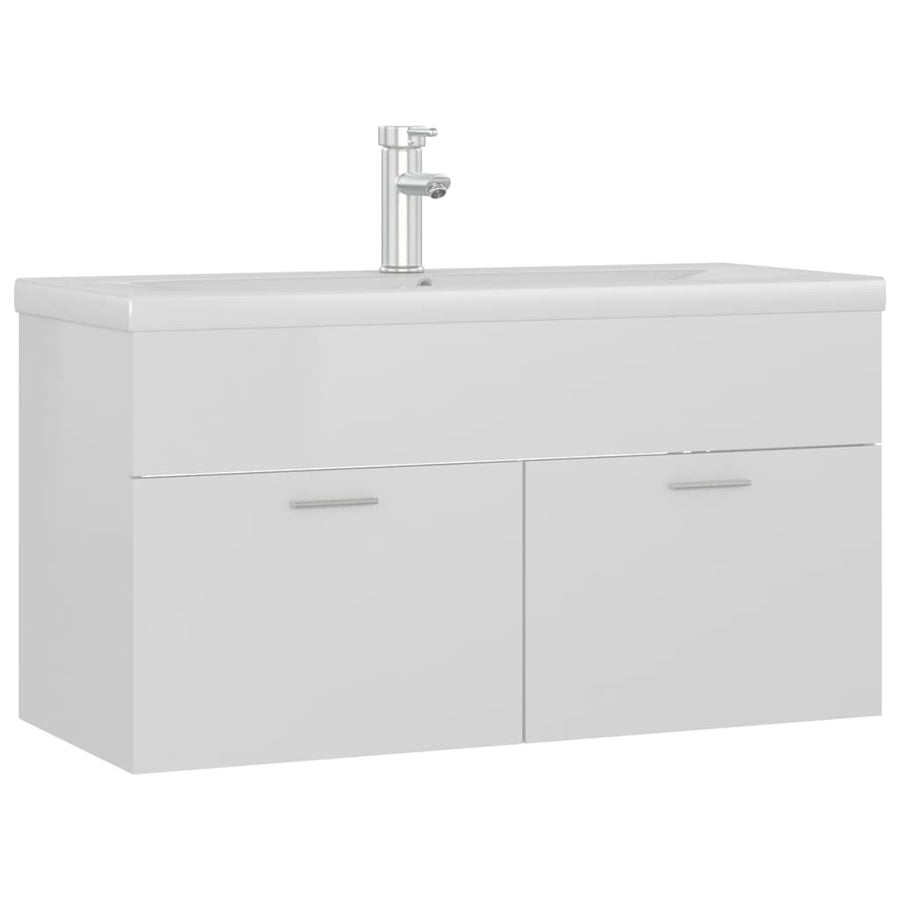 Wastafelkast met ingebouwde wastafel spaanplaat hoogglans wit 1 90 x 38.5 x 46 cm Hoogglans wit