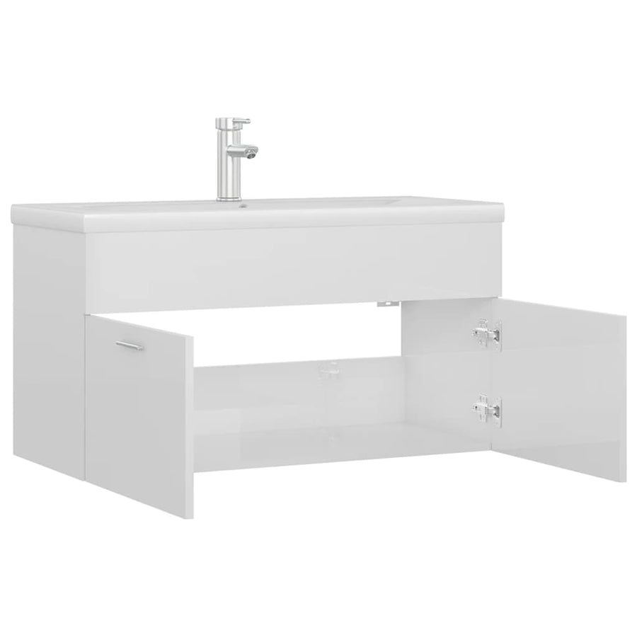 Wastafelkast met ingebouwde wastafel spaanplaat hoogglans wit 1 90 x 38.5 x 46 cm Hoogglans wit
