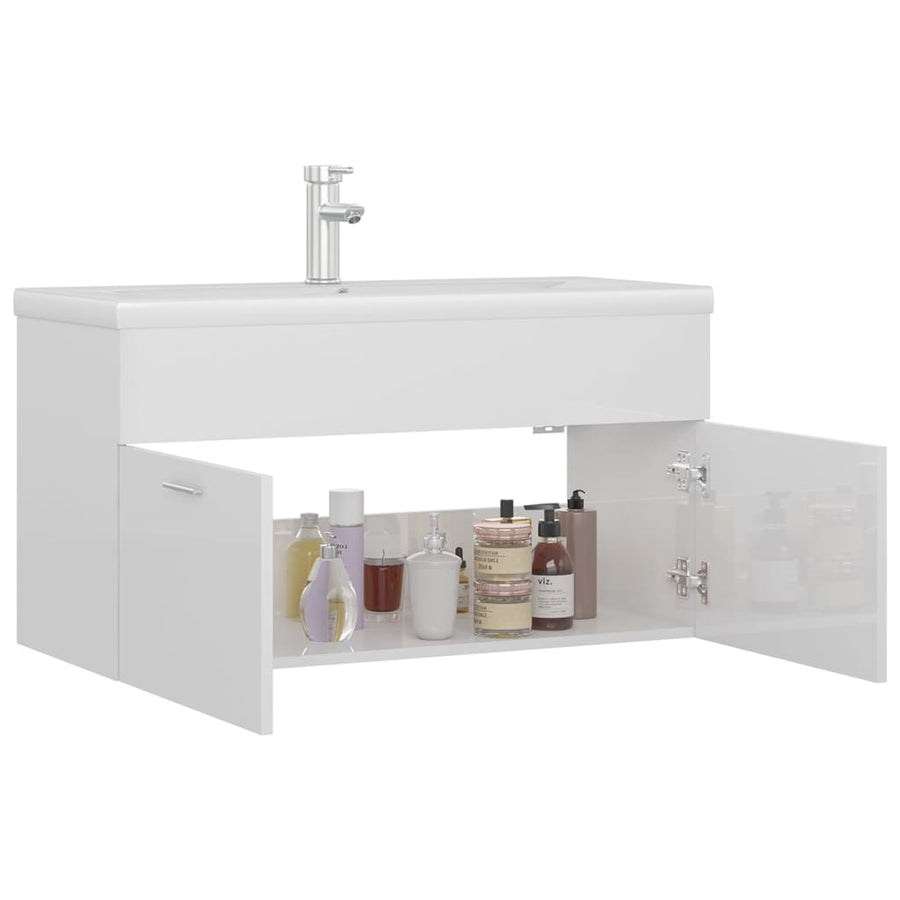 Wastafelkast met ingebouwde wastafel spaanplaat hoogglans wit 1 90 x 38.5 x 46 cm Hoogglans wit
