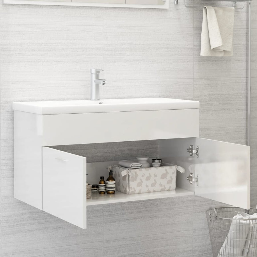 Wastafelkast met ingebouwde wastafel spaanplaat hoogglans wit 1 90 x 38.5 x 46 cm Hoogglans wit