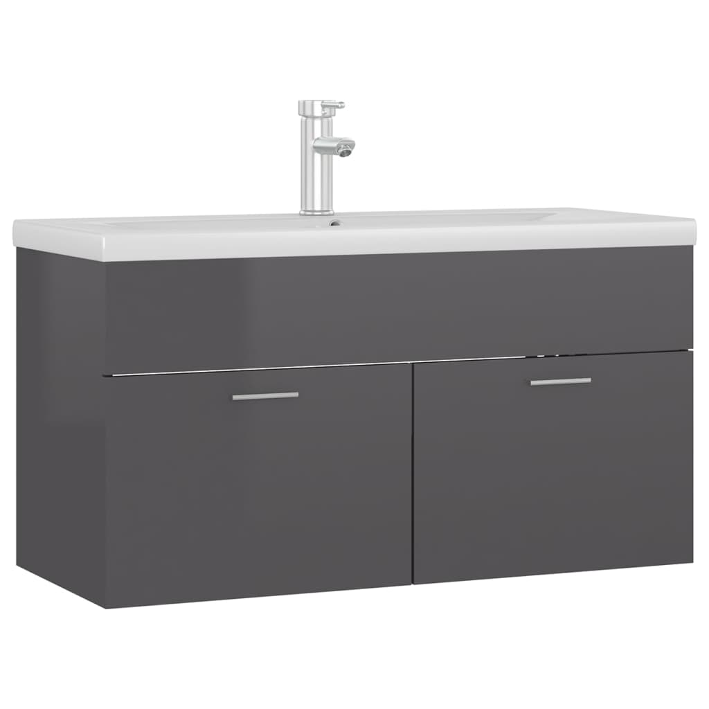 Wastafelkast Met Ingebouwde Wastafel Spaanplaat Hoogglans Grijs 90 x 38.5 x 46 cm met kraan & afvoer