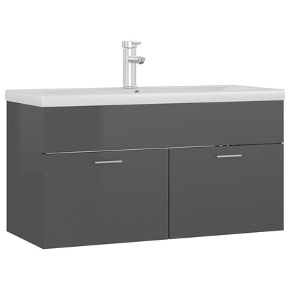 Wastafelkast Met Ingebouwde Wastafel Spaanplaat Hoogglans Grijs 90 x 38.5 x 46 cm met kraan & afvoer