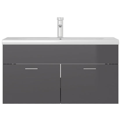 Wastafelkast Met Ingebouwde Wastafel Spaanplaat Hoogglans Grijs 90 x 38.5 x 46 cm met kraan & afvoer