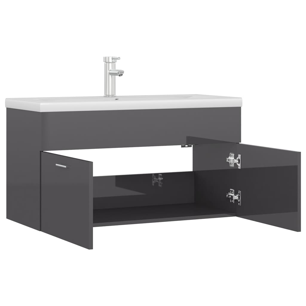 Wastafelkast Met Ingebouwde Wastafel Spaanplaat Hoogglans Grijs 90 x 38.5 x 46 cm met kraan & afvoer