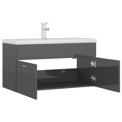 Wastafelkast Met Ingebouwde Wastafel Spaanplaat Hoogglans Grijs 90 x 38.5 x 46 cm met kraan & afvoer