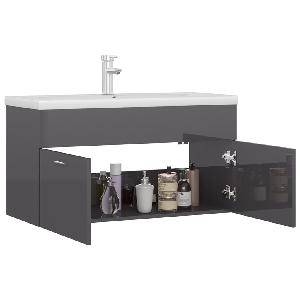 Wastafelkast Met Ingebouwde Wastafel Spaanplaat Hoogglans Grijs 90 x 38.5 x 46 cm met kraan & afvoer