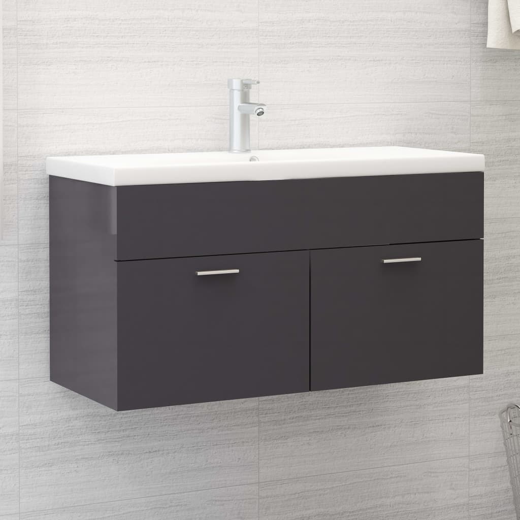 Wastafelkast Met Ingebouwde Wastafel Spaanplaat Hoogglans Grijs 90 x 38.5 x 46 cm met kraan & afvoer