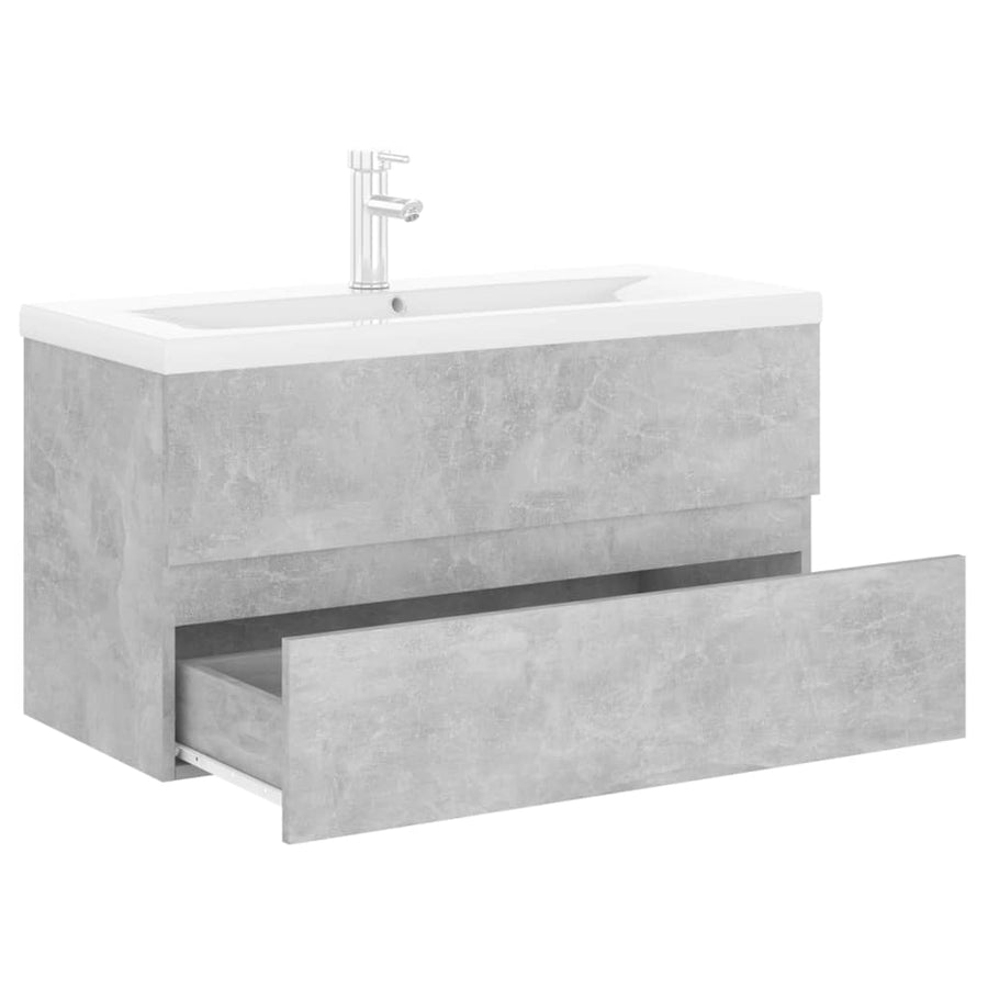Wastafelkast met ingebouwde wastafel spaanplaat betongrijs 90 x 38.5 x 45 cm met kraan & afvoer
