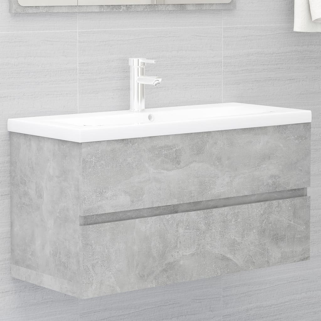 Wastafelkast met ingebouwde wastafel spaanplaat betongrijs 90 x 38.5 x 45 cm met kraan & afvoer