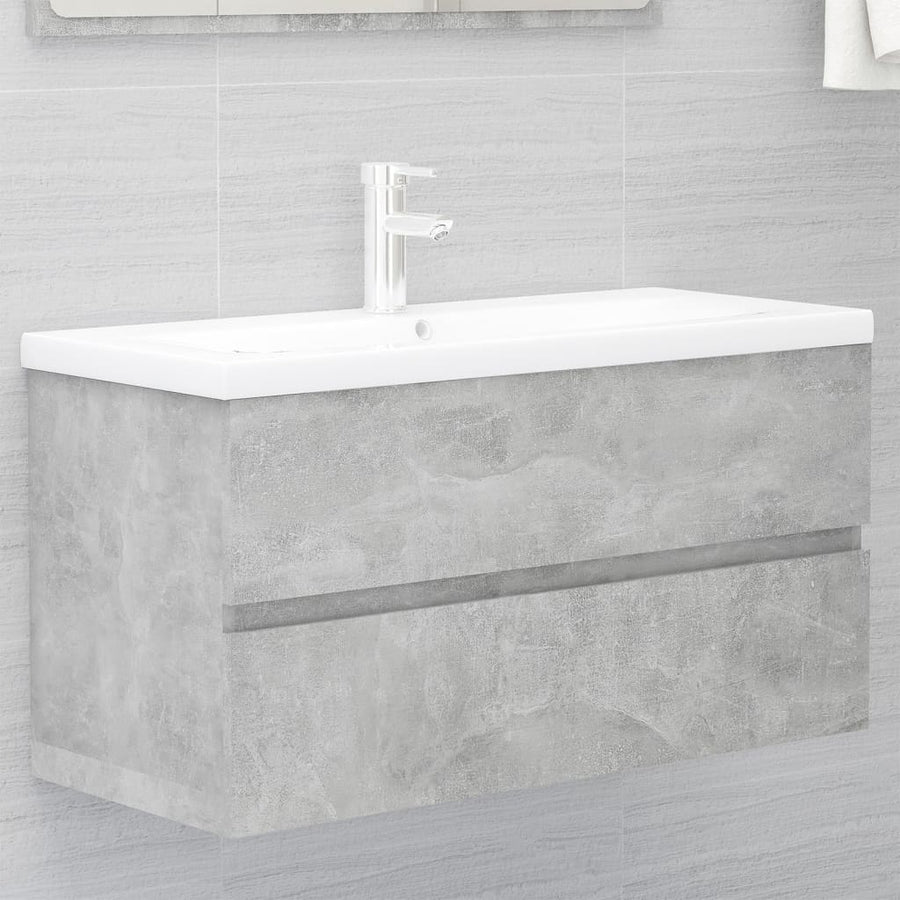 Wastafelkast met ingebouwde wastafel spaanplaat betongrijs 90 x 38.5 x 45 cm met kraan & afvoer