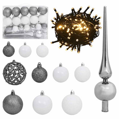 60-delige Kerstballenset met piek en 150 LED's wit en grijs