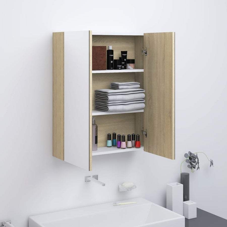 Badkamerkast Met Spiegel 60X5X75 Cm Mdf Kleurig Wit en eiken