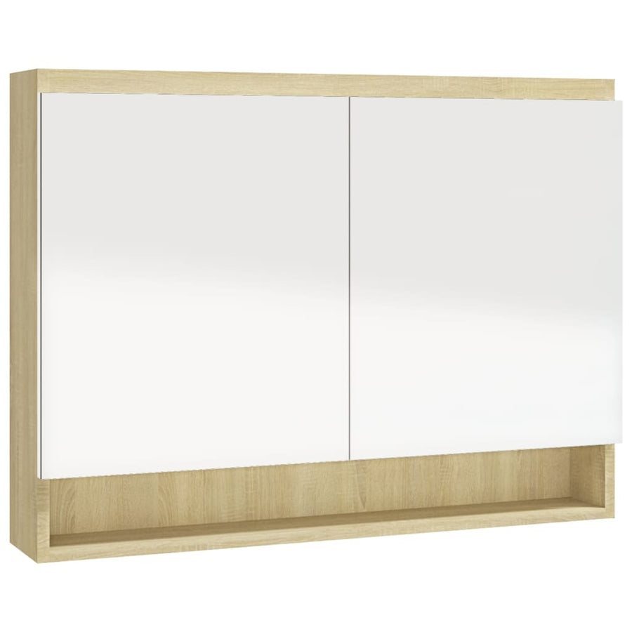 Badkamerkast Met Spiegel 80X5X60 Cm Mdf Kleurig Wit en eiken