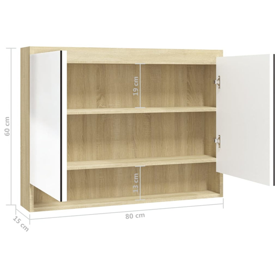 Badkamerkast Met Spiegel 80X5X60 Cm Mdf Kleurig Wit en eiken