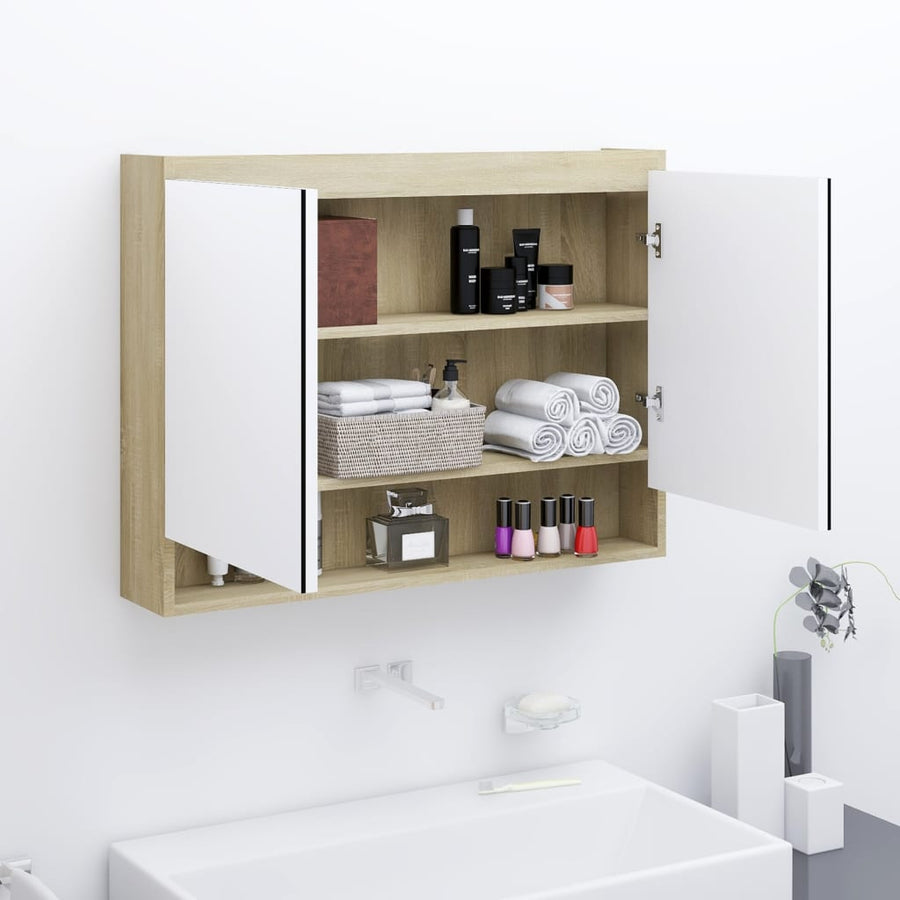 Badkamerkast Met Spiegel 80X5X60 Cm Mdf Kleurig Wit en eiken